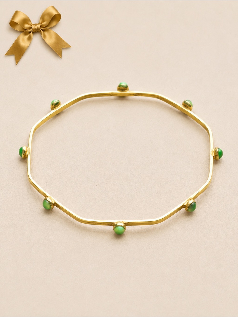 Sterling Silver Octagon 925 Green Cabochon Beaded Bangle Bracelet 2.5”
